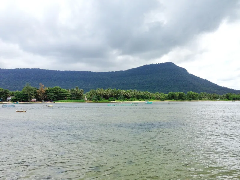 A calm coastline at Ham Ninh in Phu Quoc with palm trees, fishing boats and a forested mountain under cloudy skies.
